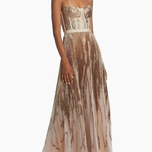 Gold Pleated Sequin Maxi Dress with Corset Bodice